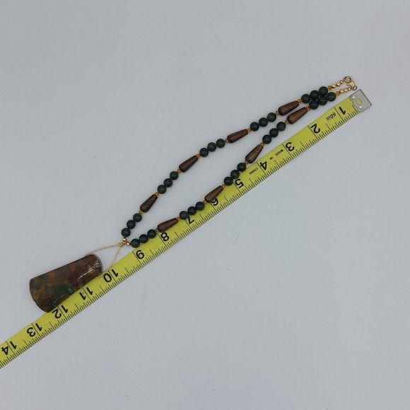 Semi Precious Stone Necklace Green Brown Gold Toned Statement Pendant Natural Ro - Picture 7 of 7
